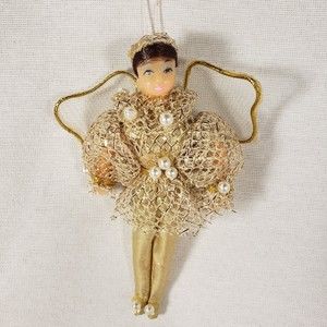 Vtg Handmade Doll Style Glittery Angel Christmas Ornament Gold & Silver Color 5"